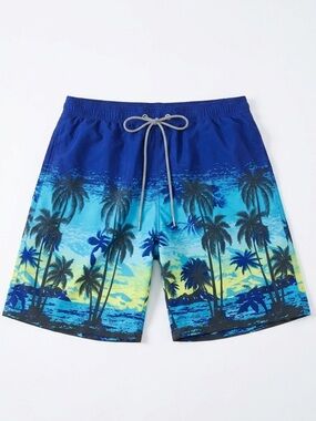Men’s Tropical Palm Tree Swim Trunks Blue XL | Quick Dry